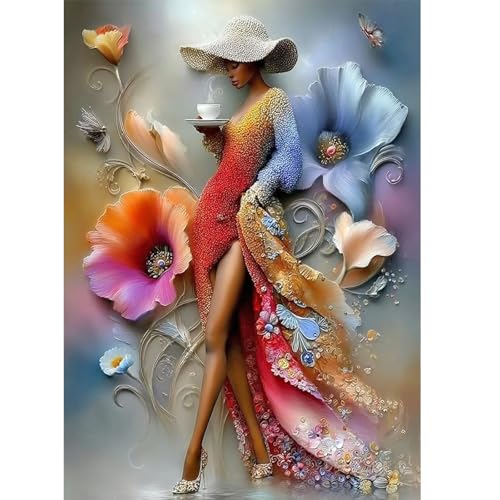 Image of AiYuanzsh Diamond Art Painting Kits for Adults, Elegant Lady 5D Diamond Painting Dots Art Kits for Adults Beginner, Flowers DIY Full Round Gem Crystal Art Paint by Diamond, Home Wall Decor 12x 16 in