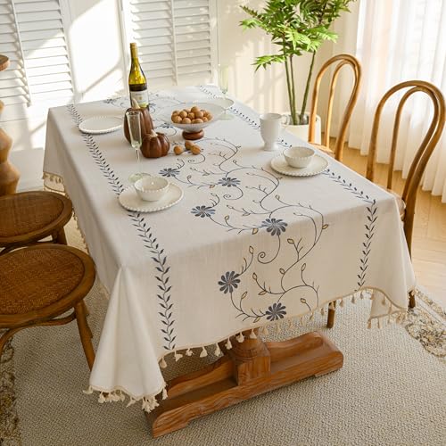 Tenger Home Kitchen Nappe de Table Rectangulaire, Nappe brodée Aspect Lin Lavable, Nappes imperméable Housses pour Table Broderie Traditionnelle (Chrysanthème Bleu,...