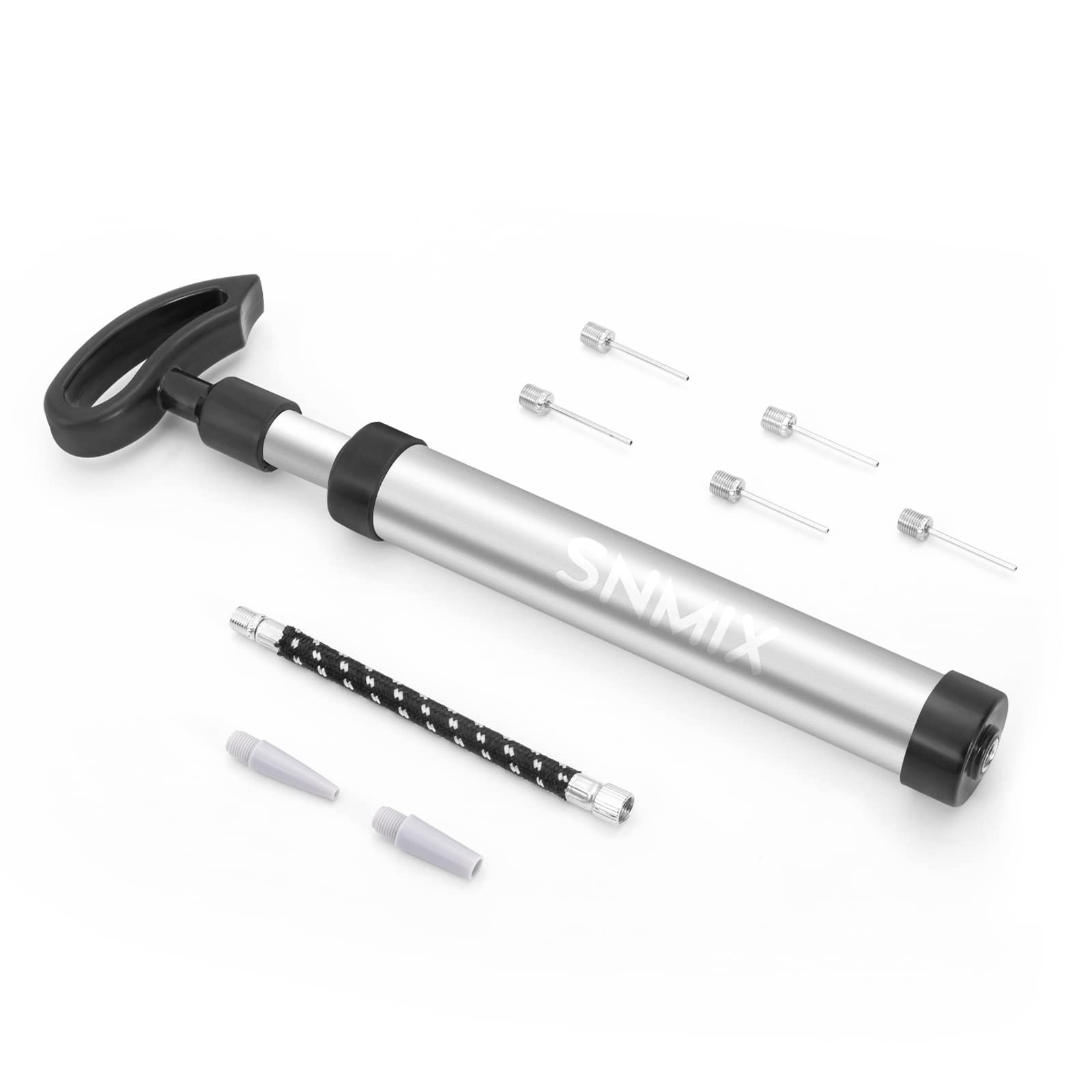 SNMIX Ball Pump with Needle, Nozzle and Extension Hose for Basketball, Football, Rugby Balls - Durable Aluminium-alloy Tube, Ergonomic Design, Fast Air InflatorSNMIX Ball Pump with Needle, Nozzle and Exten…