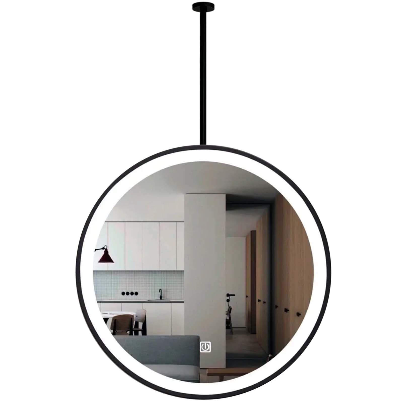 FGXHHS Metal Frame Mirror with LED Lights, Round Ceiling Suspended Hanging - Boom Customizable, Bathroom Wall Mounted Mirrors for Vanity/Makeup/Shaving(Black,Diameter-60CM/23.6INCH)