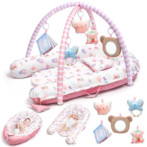 Image of Pink Baby Play Mat, 7-in-1 Infant Gym Mat for Sensory and Motor Development, Washable & Portable Newborn Tummy Time Activity Mat for Home & Travel, Babies Gift for 0-3-6-9-12-18 Months