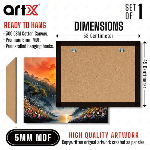 Image of ArtX Canvas Rising Sun Painting For Vastu, Big Size Wall Art Scenery, Water Stream, Waterfall Painting Vastu, Rising Sun Wall Decor, Multicolor, Nature, 58.0 X 45.0 cm, Set of 1