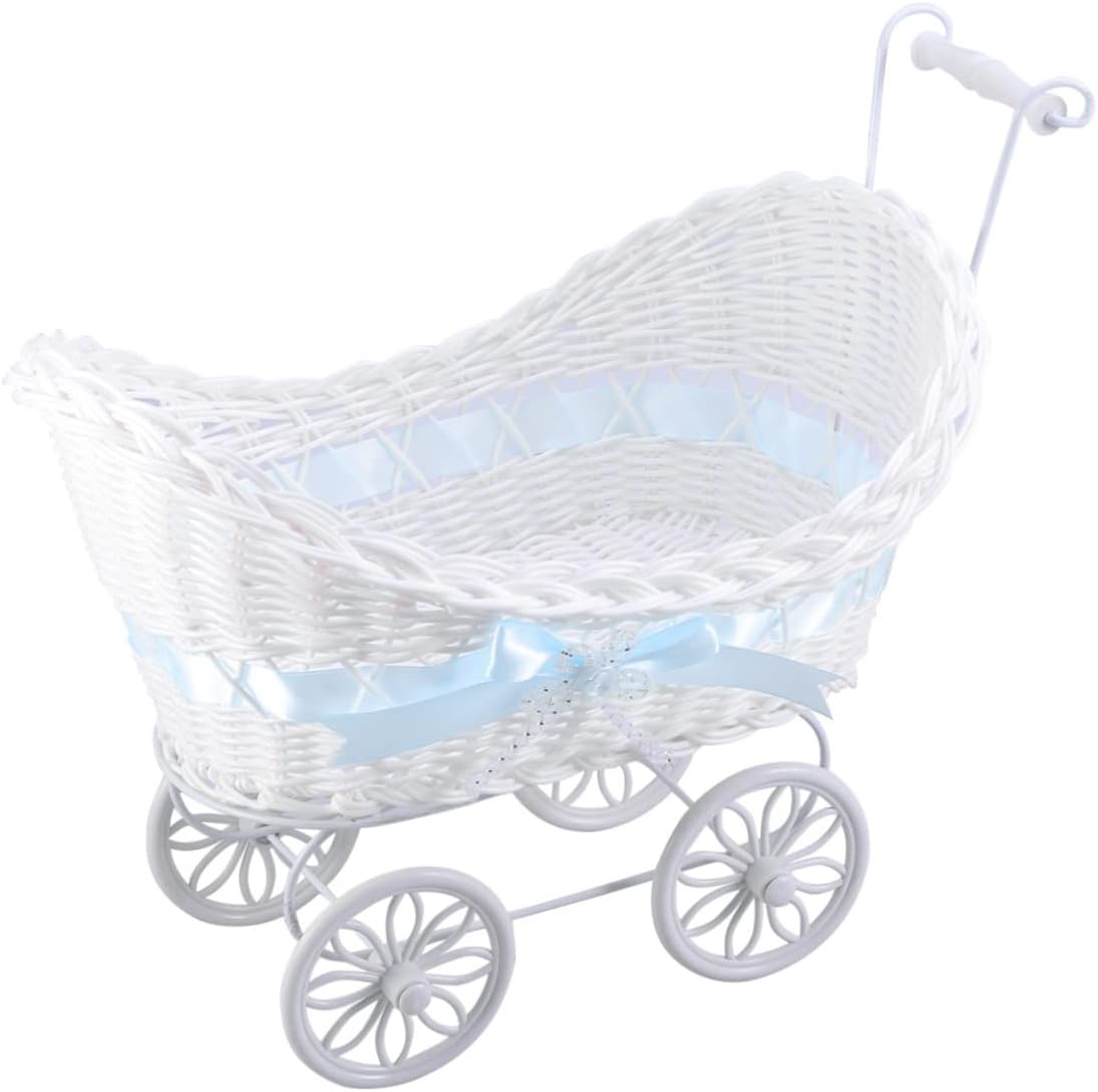 Blue Knitted Rattan Stroller Ornament Flower Basket Decorative Mini Tricycle for Wedding Shower Party Birthday Home Furnishing
