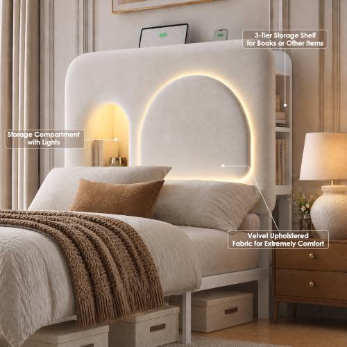 Image of Twin Bed Frame for Girls with Storage Headboard & Charging Station, Beige