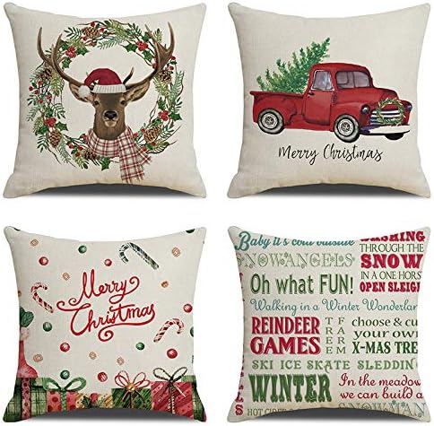 HOSTECCO Christmas Cushion Covers Pack of 4 Winter Holiday Xmas Pillow Covers Teal Green Decorative Pillow Cases for Sofa Couch 45x45 cm