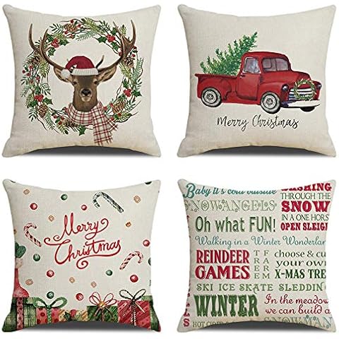 Anbaituor Christmas-Cushion-Cover 4 Pack-Cotton Linen Decorative Christmas Throw Pillow Case Cushion for Sofa Living Room Bed Couch Car Square Pillowcase, 18 by 18 (Christamas- Beige) Cover