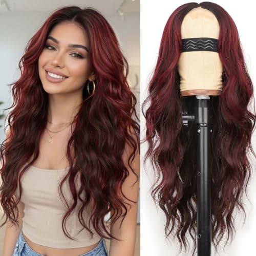 Image of AISI HAIR Brown Mixed Red Wig for Women, Wavy Synthetic Lace Wig 26Inch