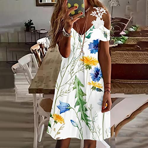 Womens 2023 Summer Casual V-Neck Short Sleeve Lace Strap T Shirt Dress Boho Floral Print Trendy Tunic Beach Dress #TOP1