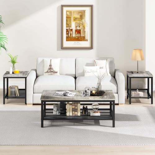 Image of 3-Piece Coffee Table and End Table Sets for Living Room, Industrial Coffee Table Set of 3 with Storage, Modern Farmhouse Rustic Living Room Table Set for Apartment Home Office