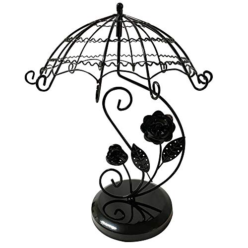 NewFerU Spinning Metal Jewelry Tree, Rotating Necklace Hanging Display Stand, Revolving Table Top Bracelet Rack Holder, Earring Hanger Organizer Tower in Lamp Umbrella for Women Girls (Black)