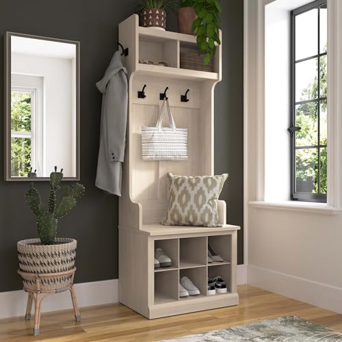 Bush Furniture Woodland Hall Tree and Small Shoe Bench with Shelves | Narrow Foyer, Mudroom, Entryway Storage, 24W, White Washed Maple - Thumbnail 2