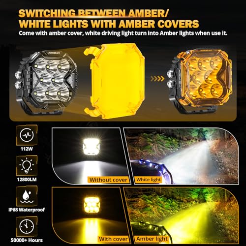 Image of Auxbeam Cube-Z Series 4 inch Led Pods with Amber Covers, 112W 12800LM Spot Offroad Driving Lights with DRL Turn Signal, Cube Ditch Lights with DT Wiring Harness for Jeep Offroad Truck ATV UTV, Pair