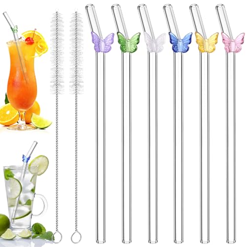 WGIDSKKI 6 Stück Glasstrohhalme Trinkhalme Glas Gebogen Glas Strohhalme Wiederverwendbar mit Farbigem Musterdesign Strohhalme mit Reinigungsbürsten für Säfte Cocktails Smoothie (Schmetterling)