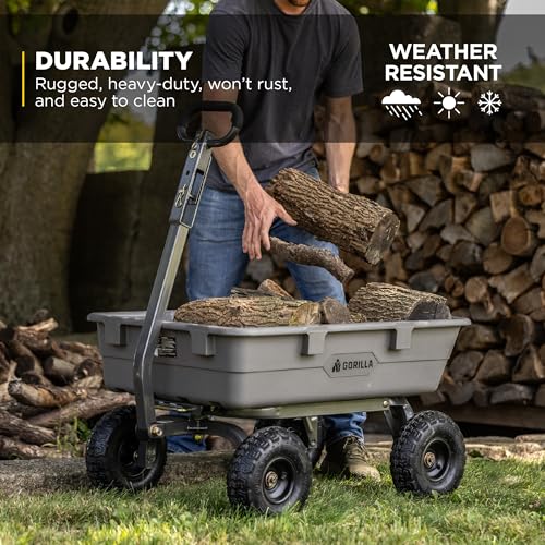 Image of Gorilla Carts Heavy-Duty Poly Dump Cart, 5 Cu Ft Tub, 800 lb Haul Capacity, Gray - Towable Utility Wagon with Quick-Release Dumping & Pneumatic Tires for Yard, Landscaping and Gardening