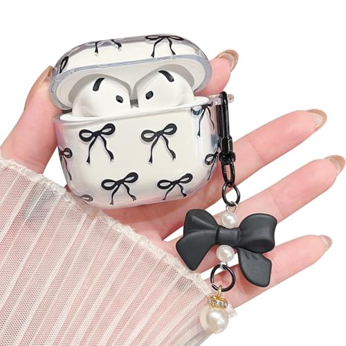 MINSCOSE Compatible with AirPods 4 Clear Case,Cute Bow Pattern Kawaii Ribbon Girly Design with Bow Pearl Keychain,Soft TPU Protective Shockproof Case for Women Girl for AirPods 4-Black