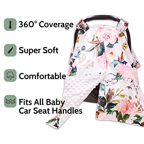 Image of DILIMI Car Seat Covers for Babies, Peekaboo Opening Infant Car Seat Canopy for Baby Boys Girls, 2 in 1 Mom Nursing Breastfeeding Covers, Minky Warm Carseat Canopy for Newborn, Pink Flower