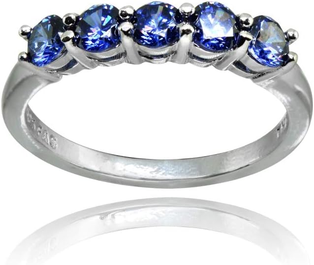Hoops & Loops Sterling Silver Simulated Tanzanite 3.5mm Round Polished Five Stone Eternity Band Ring