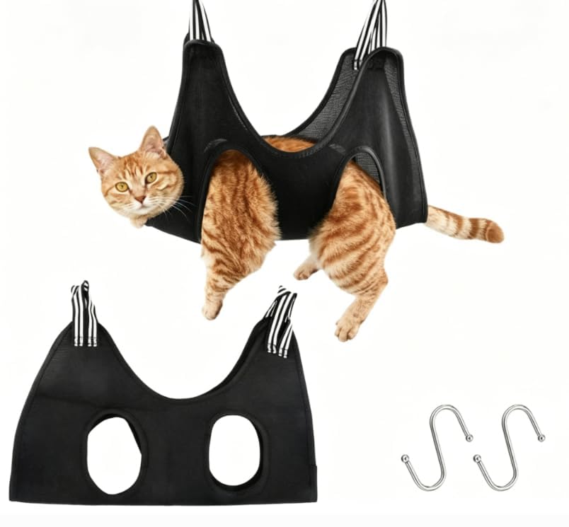 Pet Grooming Hammock Cat Dog Grooming Harness for Small Medium Dogs & Cats Breathable Mesh Sling for Pets Nail Cutting Trimming Bathing Claw Care Ears Care Washing, with Reinforced Hooks, Black