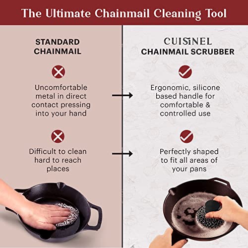 Image of Cuisinel Cast Iron Chainmail Scrubber + Pan Scraper - Deluxe Ergonomic Stainless and Silicone Cleaner for Pots and Skillets - Food-Safe Design - Easy to Clean Dishwasher Safe Cookware Sponge Accessory