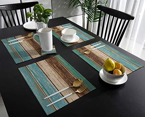 Vandarllin Placemats Set Of 6, Retro Rustic Wood Texture Polyester Stain Resistant Table Mats Washable Placemat Decoration For Kitchen Dining Table Teal Green Brown #TOP1