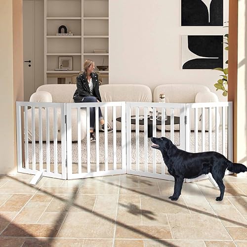 Image of Belief Foldable Wooden Pet Gate for Dogs & Cats - Indoor Safety Barrier for Doorways, Hallways & Stairs | Free-Standing, Portable White Dog Fence - 3 Panel, 60 cm Height (【4 Panels 】 78''W x 24''H)