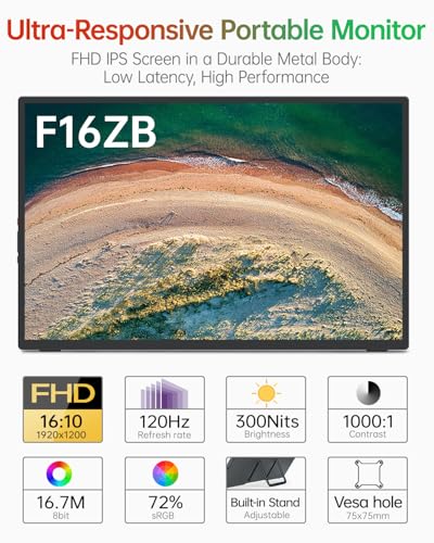Image of Intehill 16 inch 120Hz Portable Gaming Monitor, Anti-Glare Portable Monitor with Full-covered Tempered Glass, USB-C HDMI External Display w /Speakers & Stand, Travel Monitor Second Screen for Laptop, F16ZB