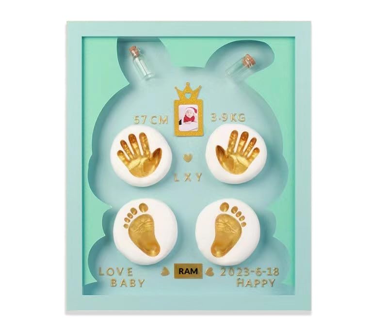 Baby Clay Hand Print and Footprint kit.Baby Impression kit with Frame 2 Hand and 2 feet,Baby Foot Print kit, Baby Record, Gift for Pregnant Woman, Baby Shower Gifts for mom to be (Rabbit Blue)