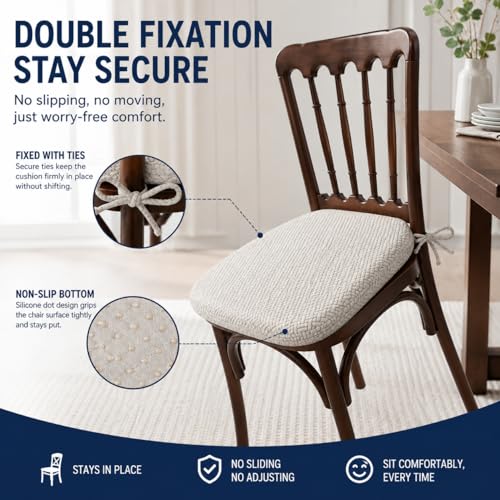Premium Memory Foam Chair Cushions Set of 4 for Dining Chairs, Ergonomic Seat Cushions with 3D Jacquard Washable Cover, Non-Slip D-Shaped Kitchen Chair Pads with Ties, 16"×16"×1.8" (4, Light Grey) - image 4
