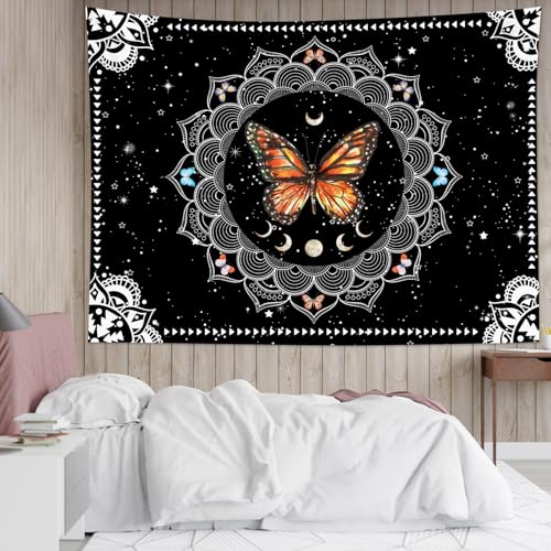 LB Orange Butterfly Tapestry Purple and Blue Butterfly with Boho Mandala Moon Phase Tapestry Wall Hanging White Star Moon Bohemian Aesthetic Wall Art Decor for Bedroom Living Room Dorm 59Wx51L Inches
