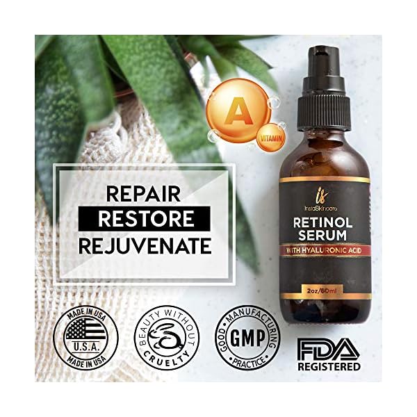 Retinol-serum-for-face-2oz-with-Hyaluronic-Acid-Vitamin-A-and-E-Aloe-Vera-Anti-aging-moisturizer-Fade-Dark-Spots-Clinical-Strength-Formula-by-InstaSkinCare InstaSkincare DOUBLE SIZED (2Oz) Retinol Serum for Face with Hyaluronic Acid + Vitamin E and A + Aloe Vera Anti-Aging Serum Pore Tightener Fade Dark Spots Clinical Strength Formula