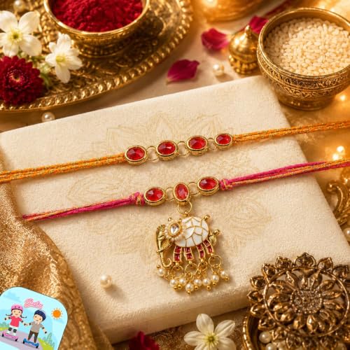 Image of CraftVatika Rakhi Set for Brother and Bhabhi, Premium Bhaiya Bhabhi Rakhi Set, Rakhis for Rakshabandhan, Elephant Design Lumba Rakhi for Bhabhi, Fridge Magnet Gift with Best Wishes Card and Tillak Set