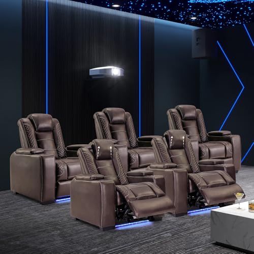 Image of ANJ Power Recliner Chairs Set of 5 for Adults, PU Leather Home Theater Seating with Adjustable Powered Headrest,LED,Storage,USB,Cup Holders,Brown