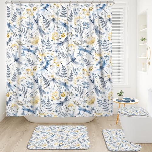 Rideau de douche haut de gamme en polyester bleu motif libellule