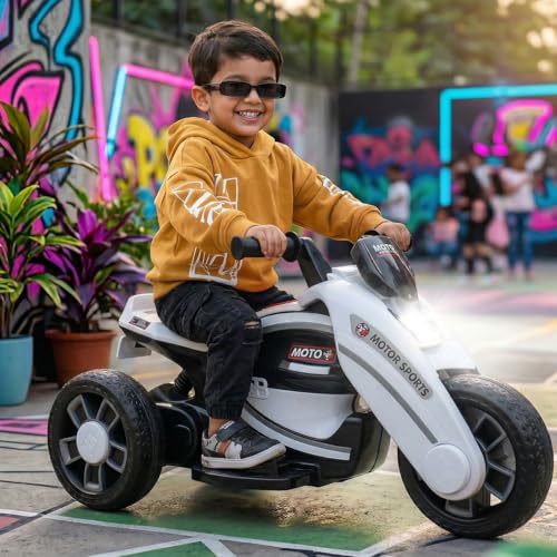 Image of Toyzone Moto Electric Bike (White) | 6V Rechargeable Bike with 4.5Ah Battery | LED Lights, Built in Music | Smooth Acceleration | 6M Battery Warranty | Age 2-8 Years, Upto 35 kg