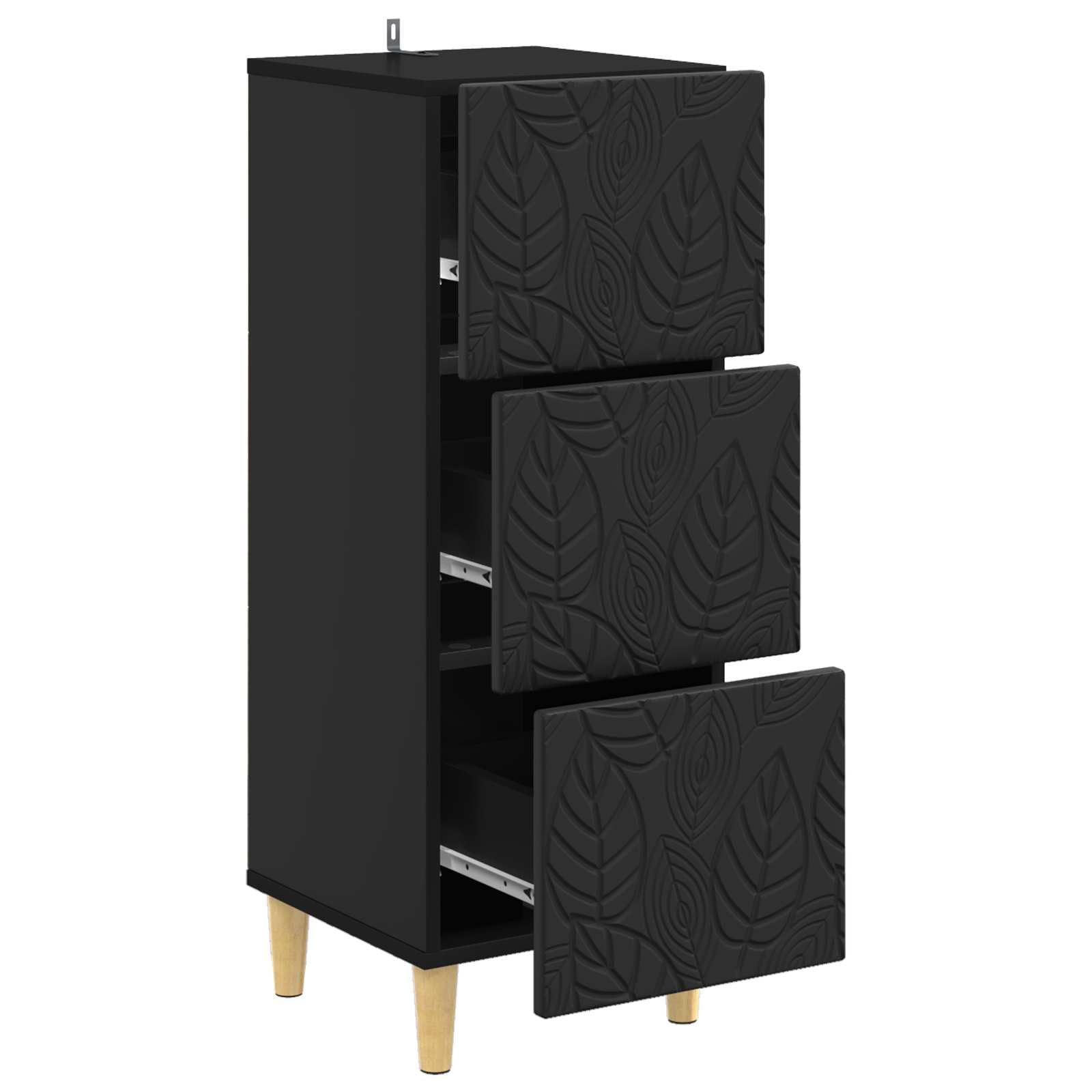 Cassettiera nera in legno 33 x 34,5 x 90 cm con gambe in eucalipto, versatile armadio portaoggetti per ufficio, casa, corridoio e officina