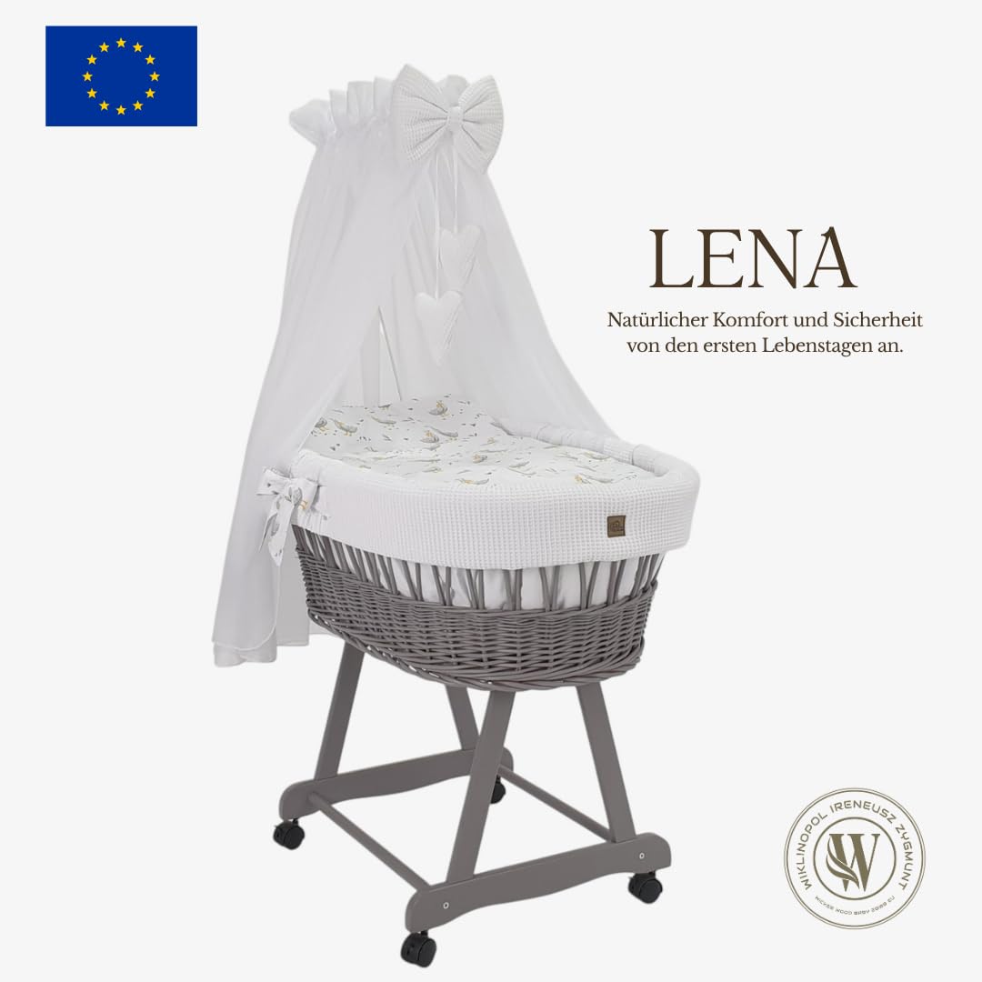 WIKLINOPOL Lena - Cuna de mimbre con ruedas, colchón, dosel y ropa de cama de tela de waffari con animales de safari, hecha a mano, cesta de moisés gris