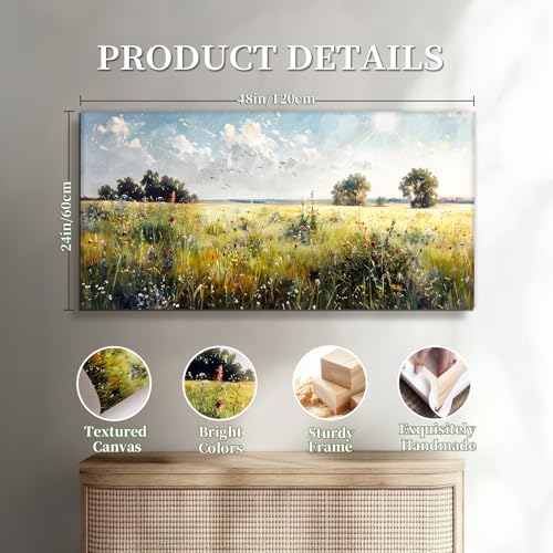 SERIMINO Spring Canvas Wall Art, Nature Landscape Rustic Home Decor Large Artwork, Green Grassland Wildflower Art Prints, Rural Paintings Wall Decor Living Room Bedroom Dining Room 24X48 Inch