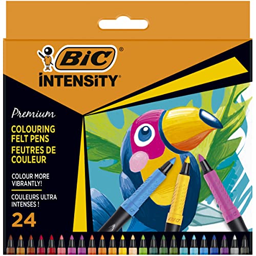 BIC Intensity - Feutre de Coloriage Pointe Incurvée Fine et Corps Noir Mat - Couleurs assorties, Pochette de 24