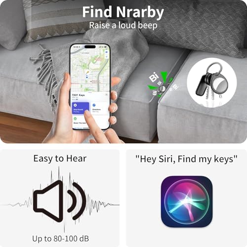 Image of Air Tracker Tags-4 Pack, 5.3 Bluetooth Tracker Work with Apple Find My (iOS Only), 100dB Sound, Smart Tag with Keychain /Lanyard, Item Finder for Luggage /Key /Suitcase, Replaceable Battery, Black.