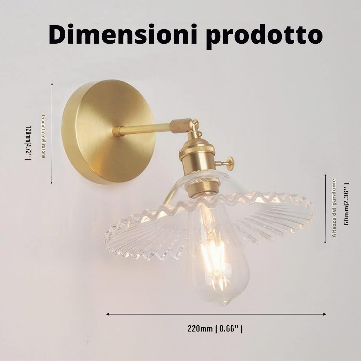Chrasy Applique da Parete Orientabile in Vetro Trasparente Ottone E27 | Portalampada con Interruttore, Fascio Verso Alto e Basso, Angolo Regolabile a 180 Gradi, per Cucina Camera Bar Studio e Sala