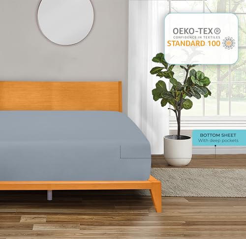 Image of ROYALE LINENS 300 Thread Count 100% Long Staple Combed Cotton Fitted Sheet Queen - Super Soft Deep Pocket Bottom Sheet - Fitted Sheets Only - Elastic Sheets (Queen, Lake Blue)