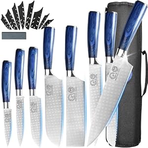 XYJ Set of Knives 8-pieces Stainless Steel Kitchen Knife Vegetable Nakiri Knife Meat Ham Steak Bread Slice Knives With Carry Roll Bag Chef Tools Set (Blue)