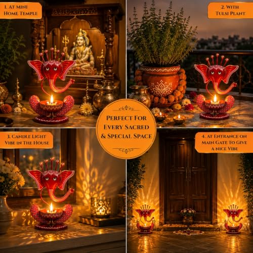 Image of Ganesha Iron Diya Holder - Handpainted Metal Tealight Candle Holder for Home Temple & Pooja Room | 11 Inch Decorative Showpiece, Diwali & Housewarming Gift (Red)