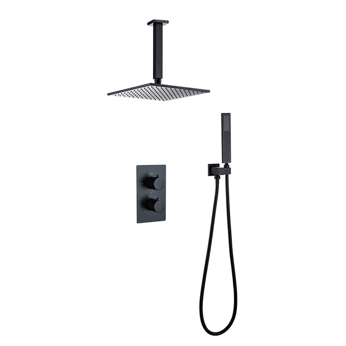 Doccia, soffitto a soffitto in Ottone termostatico in Ottone Nero con Pioggia con Doccia in Ottone da 8-12 "e Doccia Portatile, Set di Doccia di Lusso, 10 Pollici