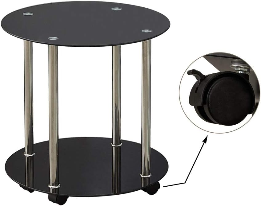 OFCASA 2-Tier Black Glass Coffee Table on Wheels Modern Round side Table with 6mm Tempered Glass Top Sofa End Table Nightstand Home Furniture
