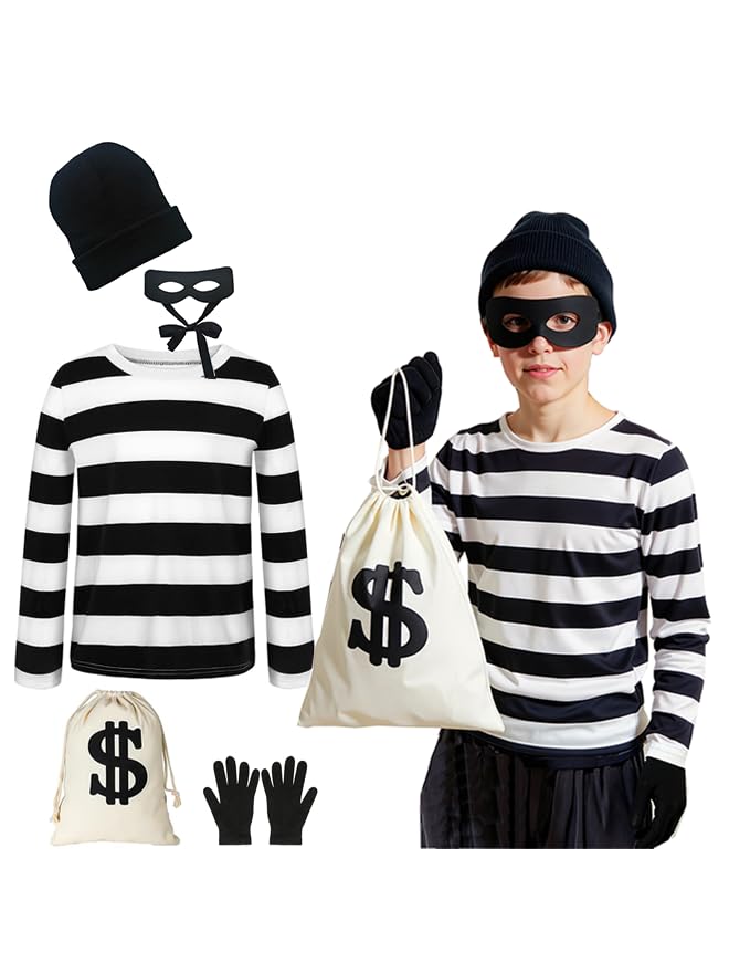Eylola Kids Robber Costume Set Cosplay Thief Accessories for Halloween Party Black and White Striped Knit Beanie Cap Cosplay Burglar Accessories (9-11 years)