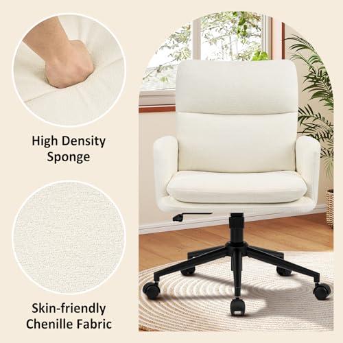Image of Home Office Chair with Plush Curved Back Support, Wide Seat Computer Desk Chair with Rolling Wheels, Swivel Tilt & Height Adjustable, Soft Fabric Upholstery with Sturdy Metal Base, Ivory white