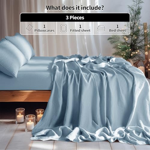 Image of LBRO2M 100% French Pure Linen Sheet Set 3Pcs, 16 inch Deep Pocket Twin XL