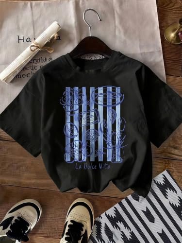 Image of RoseSeek Women's Graphic Letter Tee Crew Neck Trendy Summer Vintage T Shirt | Drop Shoulder, Short Sleeve Car Print Top, Graphic Tees for Women, Y2k Vintage Tshirts