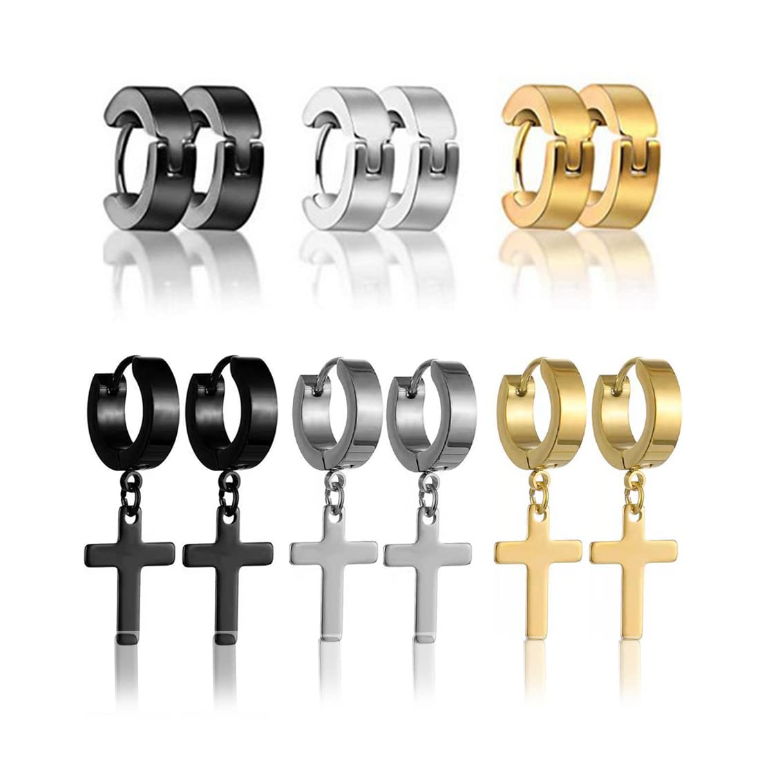Clyhon 6 pares de aretes de cruz de acero inoxidable con bisagras para hombres y mujeres